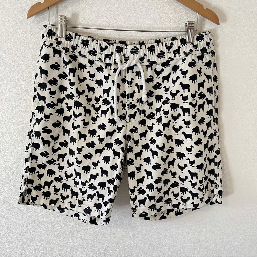 Zipcode F21 Farm Animal AOP Print Twill Cotton Pull-On Shorts Black White-M